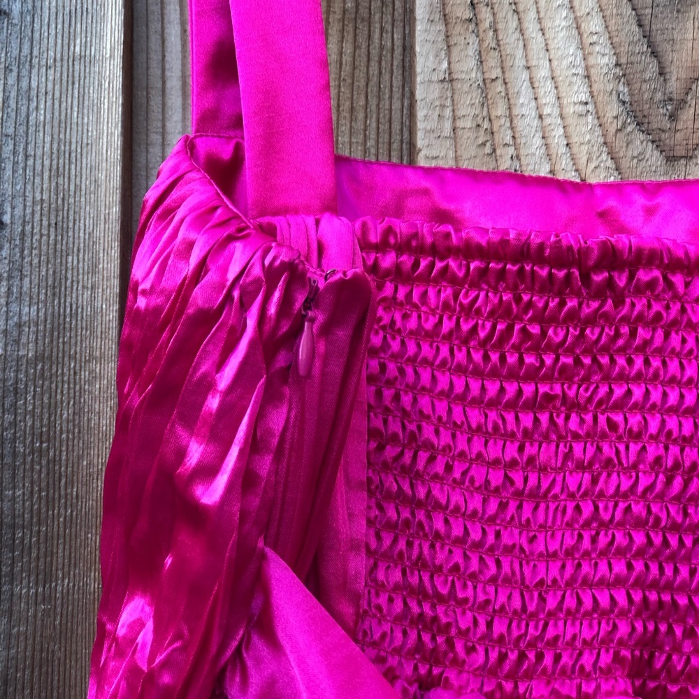 Anthropologie Maeve Fuchsia Bow-Tie Satin Pleated Smocked Back Mini Dress size 4 - Picture 8 of 10